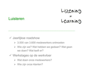  Jaarlijkse roadshow
 3.000 van 3.600 medewerkers ontmoeten
 Wie zijn we? Wat hebben we gedaan? Wat gaan
we doen? Wat leeft er?
 Werkstages op de werkvloer
 Wat doen onze medewerkers?
 Wie zijn onze klanten?
Luisteren
 