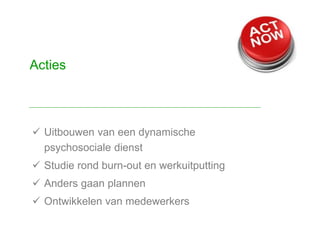  Uitbouwen van een dynamische
psychosociale dienst
 Studie rond burn-out en werkuitputting
 Anders gaan plannen
 Ontwikkelen van medewerkers
Acties
 