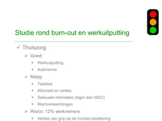  Thuiszorg
 Goed:
 Werkuitputting
 Autonomie
 Matig:
 Taaklast
 Afscheid en verlies
 Seksuele intimidatie (lager dan WZC)
 Klantverwachtingen
 Risico: 12% werknemers
 Verlies van grip op de functie-uitoefening
Studie rond burn-out en werkuitputting
 