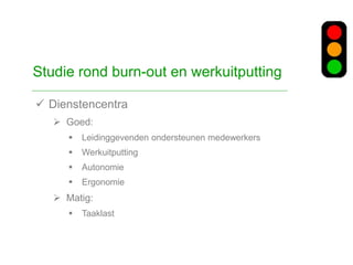  Dienstencentra
 Goed:
 Leidinggevenden ondersteunen medewerkers
 Werkuitputting
 Autonomie
 Ergonomie
 Matig:
 Taaklast
Studie rond burn-out en werkuitputting
 