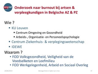 Onderzoek naar burnout bij artsen &
verpleegkundigen in Belgische AZ & PZ
Wie ?
 KU Leuven
 Centrum Omgeving en Gezondheid
 Arbeids-, Organisatie- en Personeelspsychologie
 Centrum Ziekenhuis- & verplegingswetenschap
 IDEWE
Waarom ?
• FOD Volksgezondheid, Veiligheid van de
Voedselketen en Leefmilieu
• FOD Werkgelegenheid, Arbeid en Sociaal Overleg
24/06/2014 Bevlogenheid in tijden van crisis 15
 