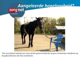 Aangeleerde hopeloosheid*
*het verschijnsel waarbij een mens of dier geleerd heeft dat hij geen invloed kan uitoefenen op
de gebeurtenissen die hem overkomen.
 