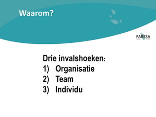 Waarom?
Drie invalshoeken:
1) Organisatie
2) Team
3) Individu
 
