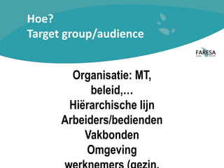 Hoe?
Target group/audience
Organisatie: MT,
beleid,…
Hiërarchische lijn
Arbeiders/bedienden
Vakbonden
Omgeving
 