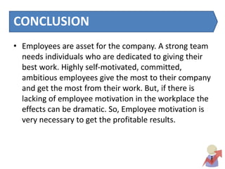 CONCLUSION
• Employees are asset for the company. A strong team
needs individuals who are dedicated to giving their
best work. Highly self-motivated, committed,
ambitious employees give the most to their company
and get the most from their work. But, if there is
lacking of employee motivation in the workplace the
effects can be dramatic. So, Employee motivation is
very necessary to get the profitable results.
 