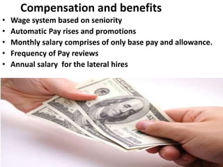 Compensation and benefits
• Wage system based on seniority
• Automatic Pay rises and promotions
• Monthly salary comprises of only base pay and allowance.
• Frequency of Pay reviews
• Annual salary for the lateral hires
 