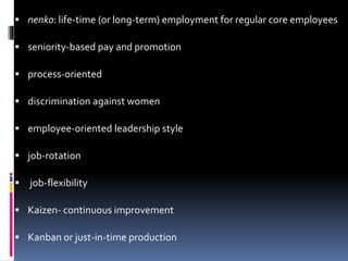  nenko: life-time (or long-term) employment for regular core employees
 seniority-based pay and promotion
 process-oriented
 discrimination against women
 employee-oriented leadership style
 job-rotation
 job-flexibility
 Kaizen- continuous improvement
 Kanban or just-in-time production
 