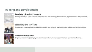Training and Development
Regulatory Training Programs
Training on GMP, GLP, and GDP ensures compliance with evolving pharmaceutical regulations and safety standards.
Leadership and Soft Skills
Development initiatives focus on leadership growth and soft skills to enhance team collaboration and innovation.
Continuous Education
Ongoing education helps employees adapt to technological advances and maintain operational efficiency.
 