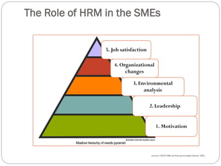 The Role of HRM in the SMEs
5. Job satisfaction
4. Organizational
changes
3. Environmental
analysis
2. Leadership
1. Motivation
Sesource:OECD SME and Entrepreneurship Outlook: 2005,
 