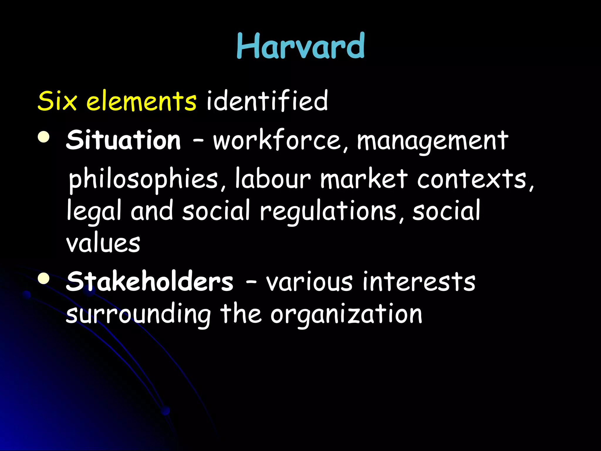 HarvardHarvard
Six elements identified
 Situation – workforce, management
philosophies, labour market contexts,
legal and social regulations, social
values
 Stakeholders – various interests
surrounding the organization
 