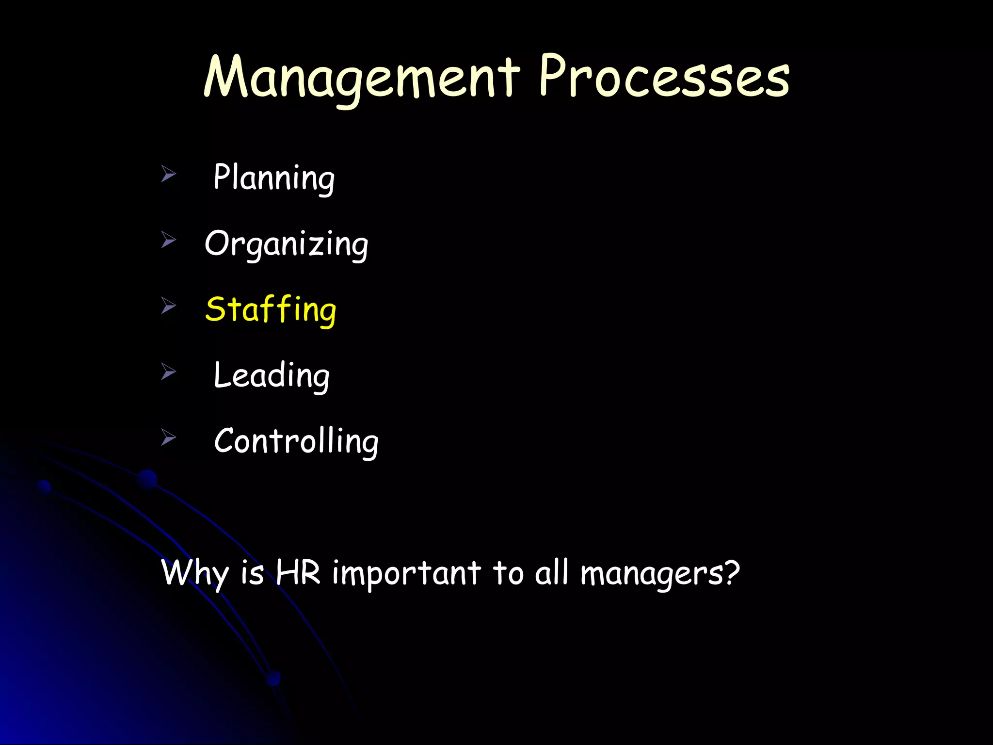 Management ProcessesManagement Processes
 PlanningPlanning
 OrganizingOrganizing
 StaffingStaffing
 LeadingLeading
 ControllingControlling
Why is HR important to all managers?Why is HR important to all managers?
 