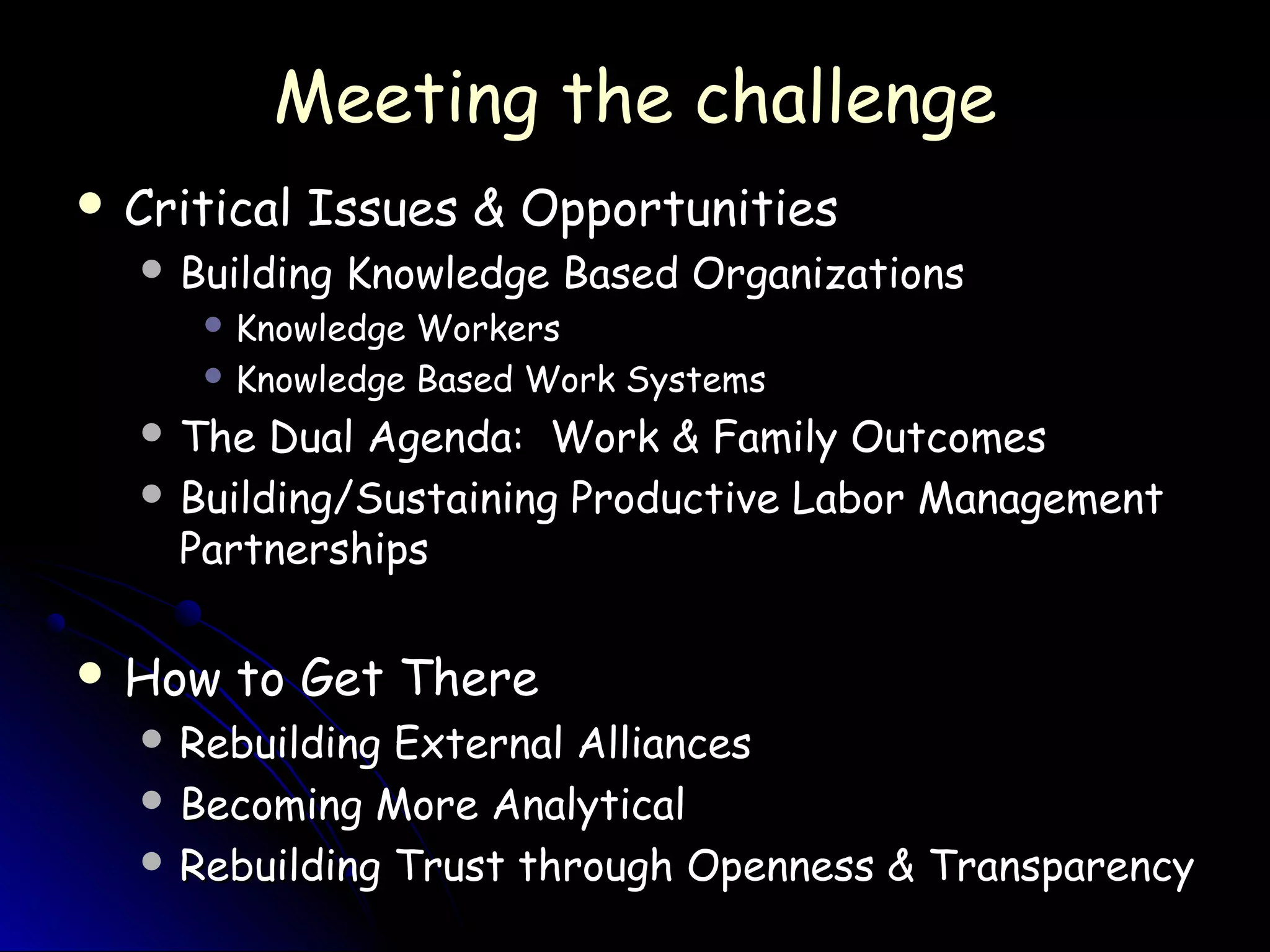 Meeting the challengeMeeting the challenge
 Critical Issues & OpportunitiesCritical Issues & Opportunities
 Building Knowledge Based OrganizationsBuilding Knowledge Based Organizations
 Knowledge WorkersKnowledge Workers
 Knowledge Based Work SystemsKnowledge Based Work Systems
 The Dual Agenda: Work & Family OutcomesThe Dual Agenda: Work & Family Outcomes
 Building/Sustaining Productive Labor ManagementBuilding/Sustaining Productive Labor Management
PartnershipsPartnerships
 How to Get ThereHow to Get There
 Rebuilding External AlliancesRebuilding External Alliances
 Becoming More AnalyticalBecoming More Analytical
 Rebuilding Trust through Openness & TransparencyRebuilding Trust through Openness & Transparency
 