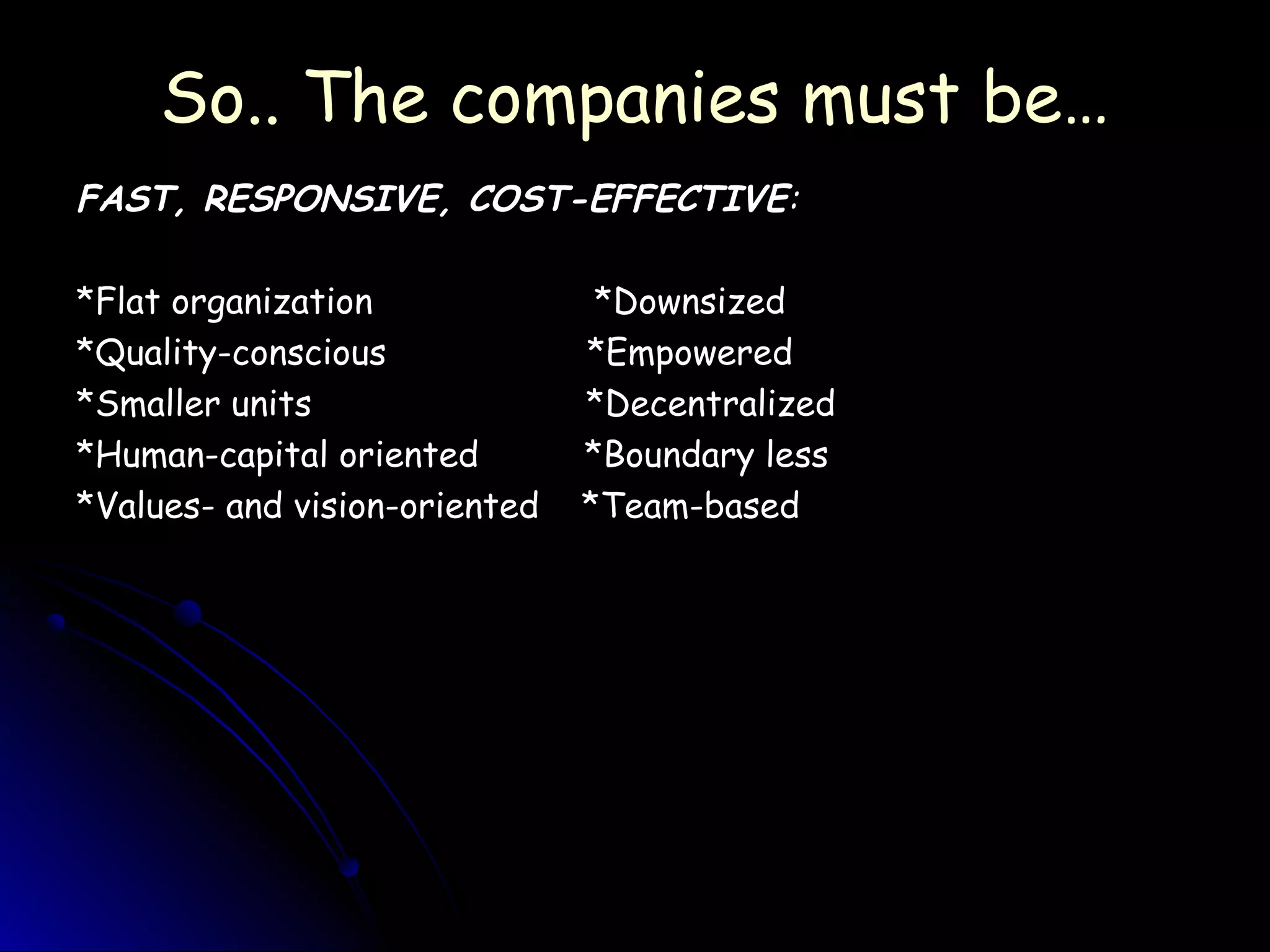 So.. The companies must be…So.. The companies must be…
FAST, RESPONSIVE, COST-EFFECTIVEFAST, RESPONSIVE, COST-EFFECTIVE::
*Flat organization *Downsized*Flat organization *Downsized
*Quality-conscious *Empowered*Quality-conscious *Empowered
*Smaller units *Decentralized*Smaller units *Decentralized
*Human-capital oriented *Boundary less*Human-capital oriented *Boundary less
*Values- and vision-oriented *Team-based*Values- and vision-oriented *Team-based
 