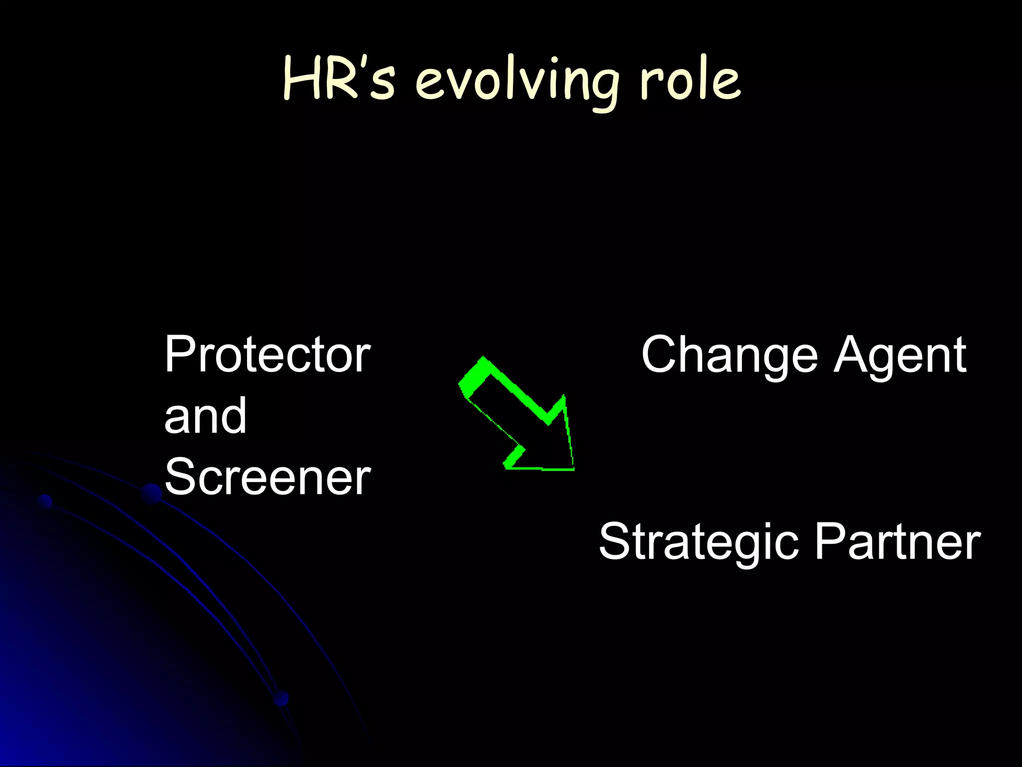 HR’s evolving roleHR’s evolving role
Protector
and
Screener
Strategic Partner
Change Agent
 