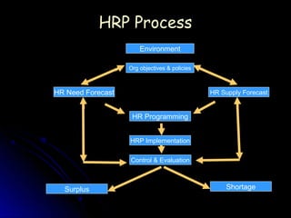 HRP Process
                       Environment

                   Org objectives & policies



HR Need Forecast                               HR Supply Forecast


                    HR Programming


                   HRP Implementation


                   Control & Evaluation



  Surplus                                           Shortage
 