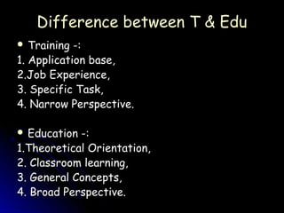 Difference between T & Edu
 Training  -:
1. Application base,
2.Job Experience,
3. Specific Task,
4. Narrow Perspective.

 Education -:
1.Theoretical Orientation,
2. Classroom learning,
3. General Concepts,
4. Broad Perspective.
 