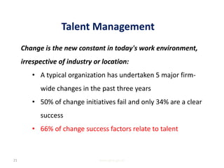 Talent Management
www.gbs-ge.ch21
Change is the new constant in today's work environment,
irrespective of industry or location:
• A typical organization has undertaken 5 major firm-
wide changes in the past three years
• 50% of change initiatives fail and only 34% are a clear
success
• 66% of change success factors relate to talent
 