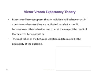 Victor Vroom Expectancy Theory
www.gbs-ge.ch31
• Expectancy Theory proposes that an individual will behave or act in
a certain way because they are motivated to select a specific
behavior over other behaviors due to what they expect the result of
that selected behavior will be.
• The motivation of the behavior selection is determined by the
desirability of the outcome.
 