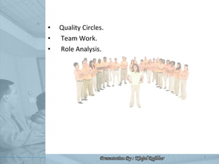 <ul><li>Quality Circles. </li></ul><ul><li>Team Work. </li></ul><ul><li>Role Analysis. </li></ul>