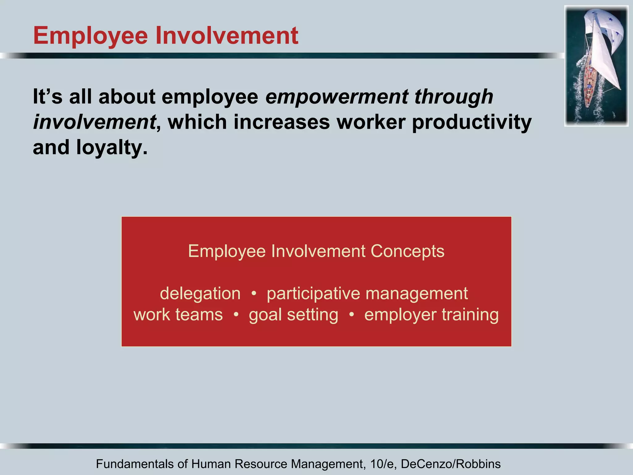 Employee Involvement 
It’s all about employee empowerment through 
involvement, which increases worker productivity 
and loyalty. 
Employee Involvement Concepts 
delegation • participative management 
work teams • goal setting • employer training 
Fundamentals of Human Resource Management, 10/e, DeCenzo/Robbins 
 