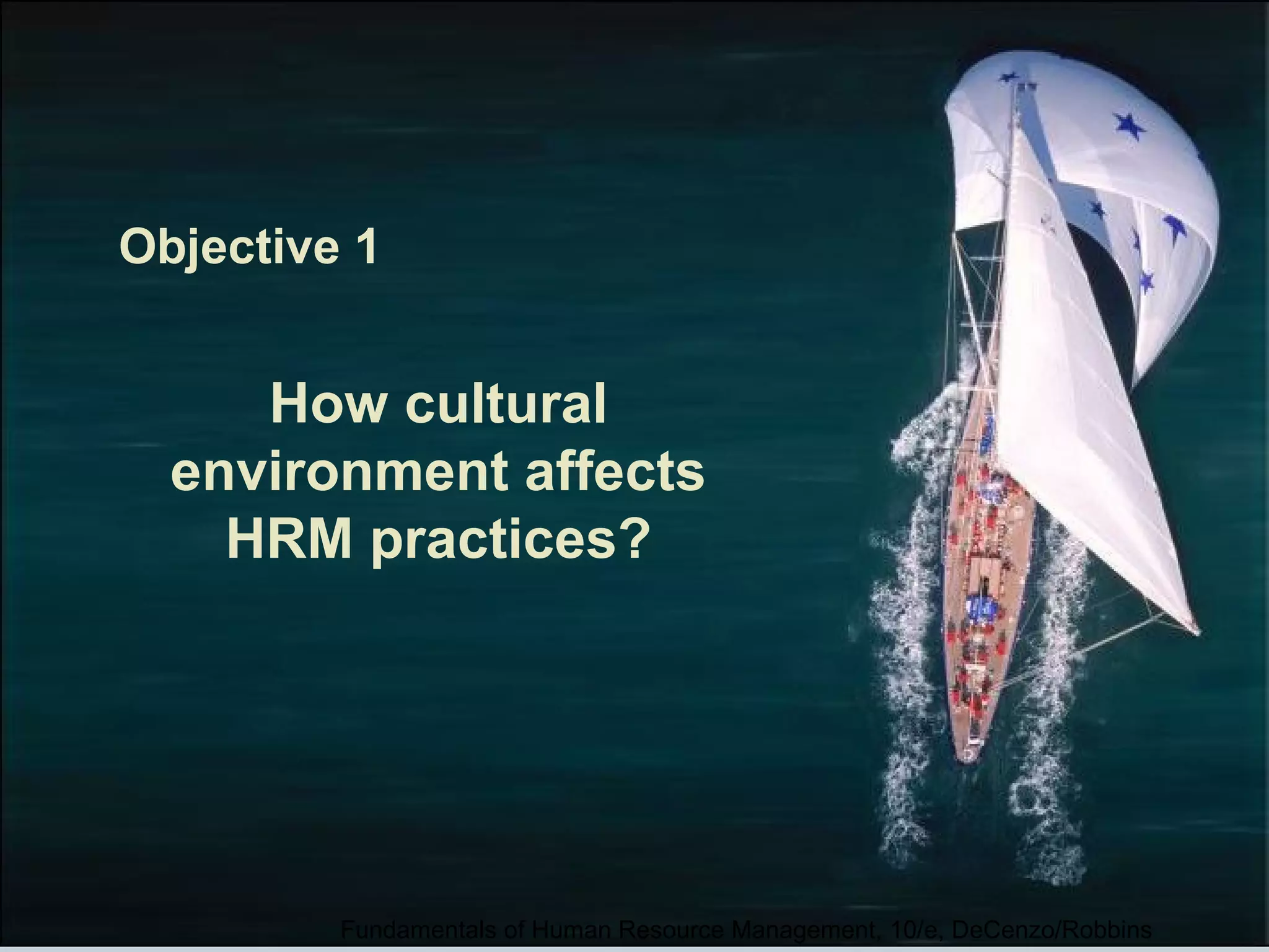 Objective 1 
How cultural 
environment affects 
HRM practices? 
Fundamentals of Human Resource Management, 10/e, DeCenzo/Robbins 
 