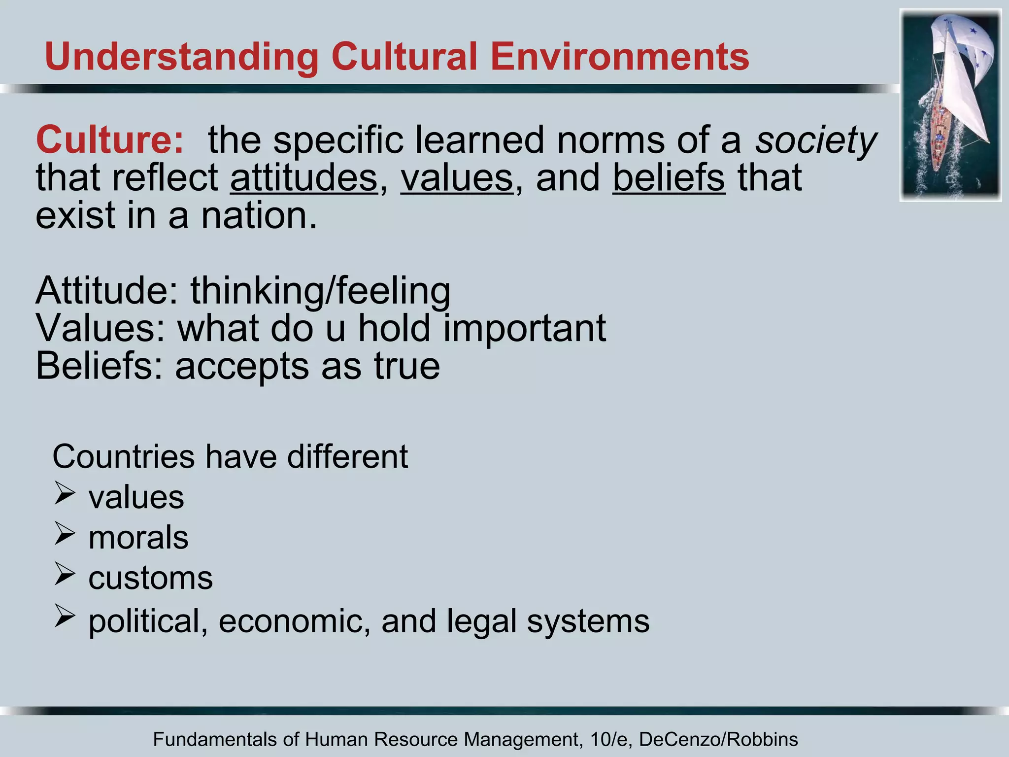 Understanding Cultural Environments 
Culture: the specific learned norms of a society 
that reflect attitudes, values, and beliefs that 
exist in a nation. 
Attitude: thinking/feeling 
Values: what do u hold important 
Beliefs: accepts as true 
Countries have different 
 values 
 morals 
 customs 
 political, economic, and legal systems 
Fundamentals of Human Resource Management, 10/e, DeCenzo/Robbins 
 