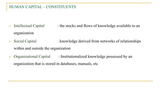 HUMAN CAPITAL – CONSTITUENTS
 Intellectual Capital : the stocks and flows of knowledge available to an
organization
 Social Capital : knowledge derived from networks of relationships
within and outside the organization
 Organizational Capital : Institutionalized knowledge possessed by an
organization that is stored in databases, manuals, etc
 