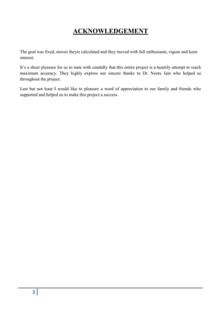 ACKNOWLEDGEMENT
The goal was fixed, moves theyre calculated and they moved with full enthusiasm, vigour and keen
interest.
It’s a sheer pleasure for us to state with candidly that this entire project is a heartily attempt to reach
maximum accuracy. They highly express our sincere thanks to Dr. Neetu Jain who helped us
throughout the project.
Last but not least I would like to pleasure a word of appreciation to our family and friends who
supported and helped us to make this project a success.

3

 