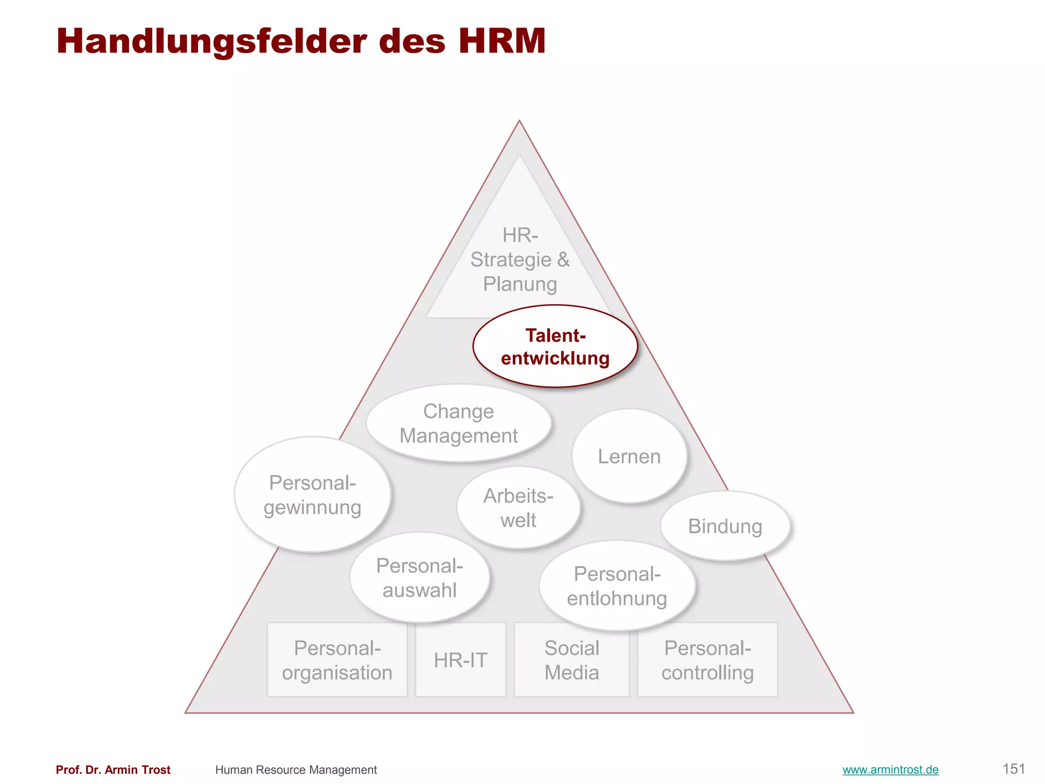 Handlungsfelder des HRM




                                                                HR-
                                                            Strategie &
                                                             Planung

                                                                 Talent-
                                                               entwicklung

                                                      Change
                                                    Management
                                                                           Lernen
                               Personal-
                                                             Arbeits-
                               gewinnung
                                                               welt                    Bindung
                                                Personal-                Personal-
                                                auswahl                 entlohnung

                                   Personal-                        Social          Personal-
                                                      HR-IT
                                  organisation                      Media           controlling



Prof. Dr. Armin Trost   Human Resource Management                                                 www.armintrost.de   151
 