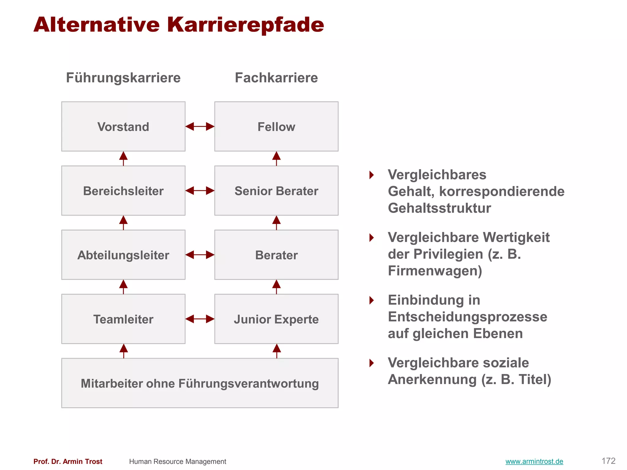 Alternative Karrierepfade

         Führungskarriere                           Fachkarriere


                   Vorstand                            Fellow


                                                                      Vergleichbares
               Bereichsleiter                       Senior Berater     Gehalt, korrespondierende
                                                                       Gehaltsstruktur

                                                                      Vergleichbare Wertigkeit
             Abteilungsleiter                          Berater         der Privilegien (z. B.
                                                                       Firmenwagen)

                                                                      Einbindung in
                  Teamleiter                        Junior Experte     Entscheidungsprozesse
                                                                       auf gleichen Ebenen

                                                                      Vergleichbare soziale
              Mitarbeiter ohne Führungsverantwortung                   Anerkennung (z. B. Titel)




Prof. Dr. Armin Trost   Human Resource Management                                        www.armintrost.de   172
 