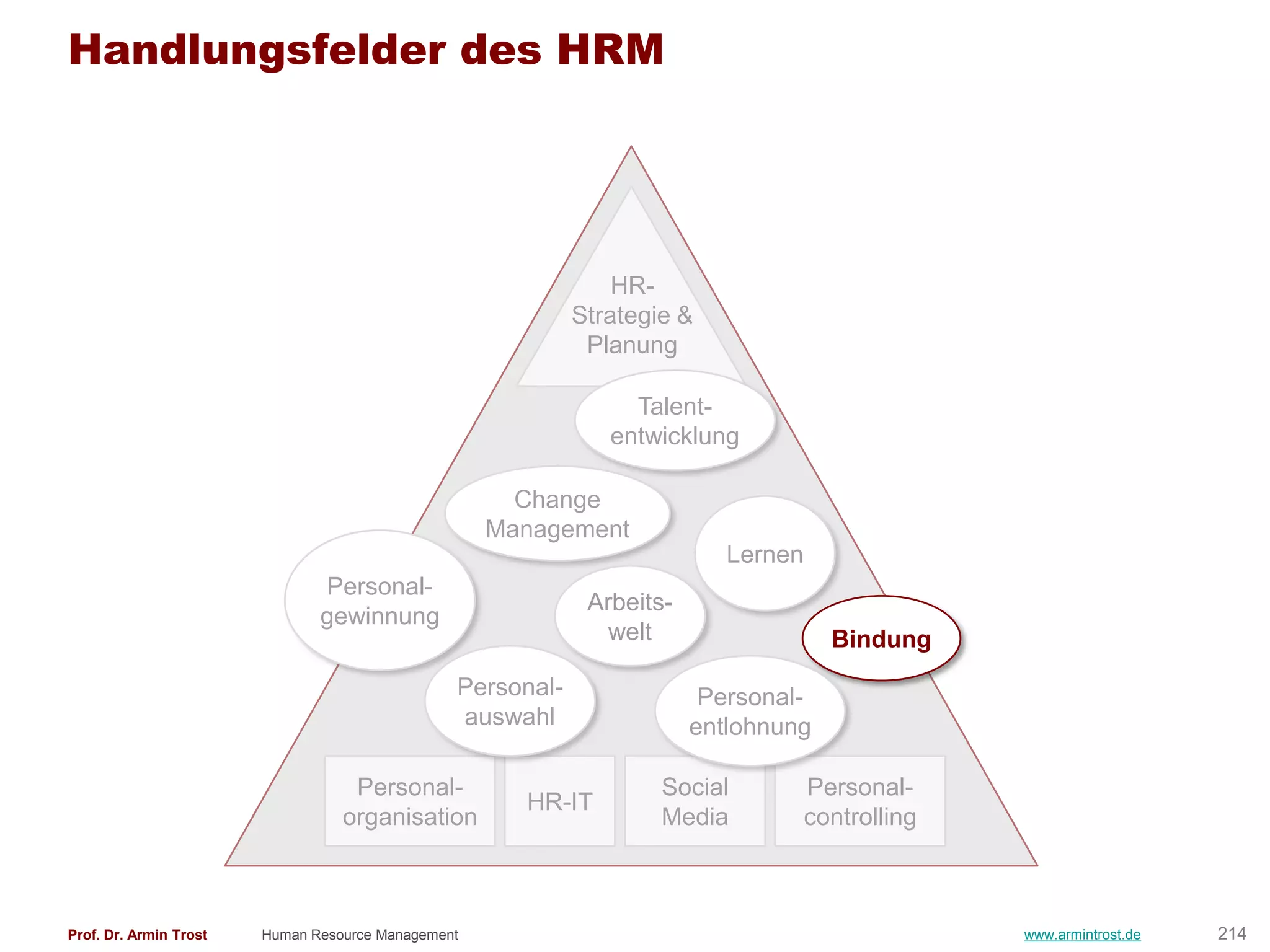 Handlungsfelder des HRM




                                                                HR-
                                                            Strategie &
                                                             Planung

                                                                 Talent-
                                                               entwicklung

                                                      Change
                                                    Management
                                                                           Lernen
                               Personal-
                                                             Arbeits-
                               gewinnung
                                                               welt                   Bindung
                                                Personal-                Personal-
                                                auswahl                 entlohnung

                                   Personal-                        Social          Personal-
                                                      HR-IT
                                  organisation                      Media           controlling



Prof. Dr. Armin Trost   Human Resource Management                                                 www.armintrost.de   214
 
