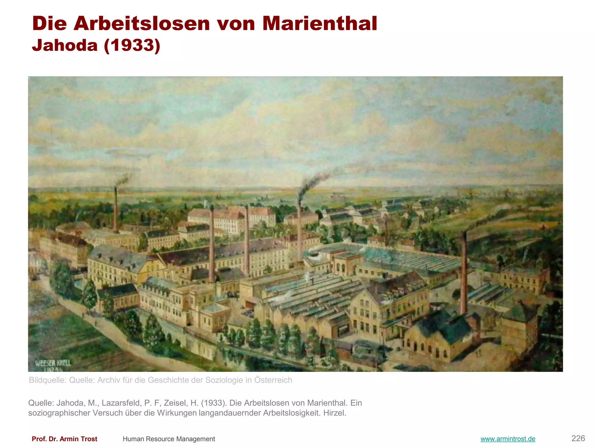 Die Arbeitslosen von Marienthal
Jahoda (1933)




Bildquelle: Quelle: Archiv für die Geschichte der Soziologie in Österreich

Quelle: Jahoda, M., Lazarsfeld, P. F, Zeisel, H. (1933). Die Arbeitslosen von Marienthal. Ein
soziographischer Versuch über die Wirkungen langandauernder Arbeitslosigkeit. Hirzel.


Prof. Dr. Armin Trost     Human Resource Management                                             www.armintrost.de   226
 