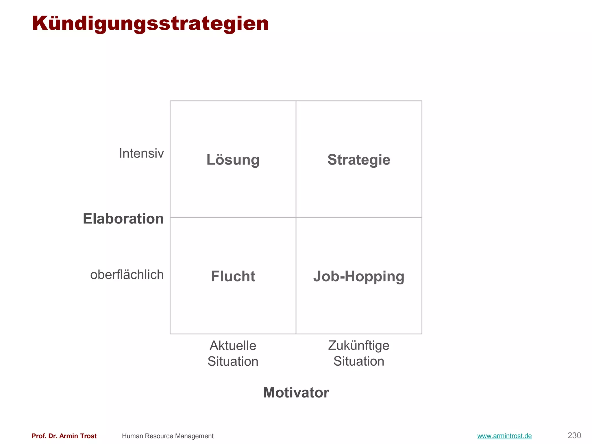 Kündigungsstrategien




                        Intensiv
                                              Lösung               Strategie


                Elaboration


                  oberflächlich                 Flucht           Job-Hopping



                                               Aktuelle            Zukünftige
                                               Situation            Situation

                                                           Motivator

Prof. Dr. Armin Trost   Human Resource Management                               www.armintrost.de   230
 