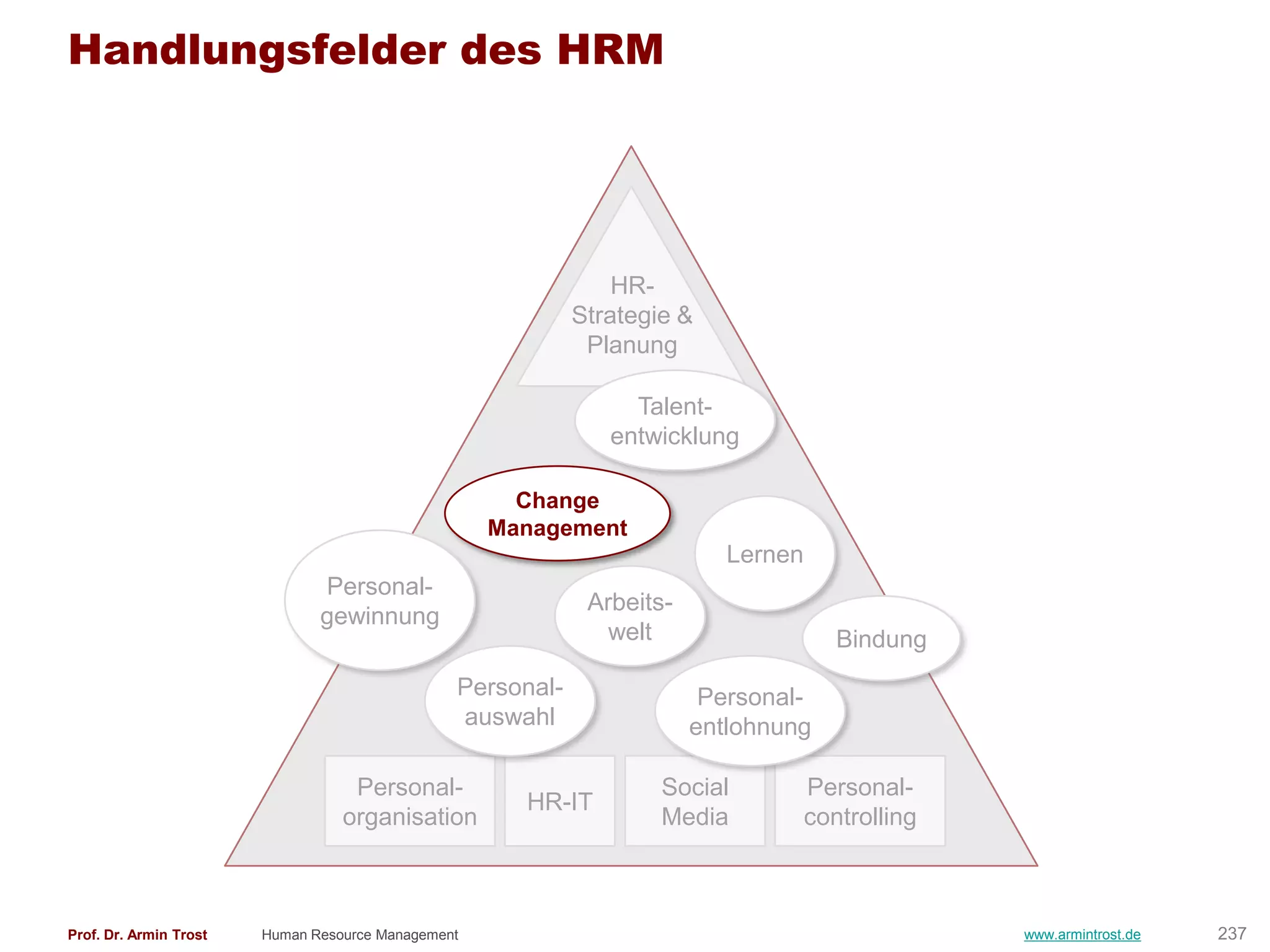 Handlungsfelder des HRM




                                                                HR-
                                                            Strategie &
                                                             Planung

                                                                 Talent-
                                                               entwicklung

                                                      Change
                                                    Management
                                                                           Lernen
                               Personal-
                                                             Arbeits-
                               gewinnung
                                                               welt                    Bindung
                                                Personal-                Personal-
                                                auswahl                 entlohnung

                                   Personal-                        Social          Personal-
                                                      HR-IT
                                  organisation                      Media           controlling



Prof. Dr. Armin Trost   Human Resource Management                                                 www.armintrost.de   237
 