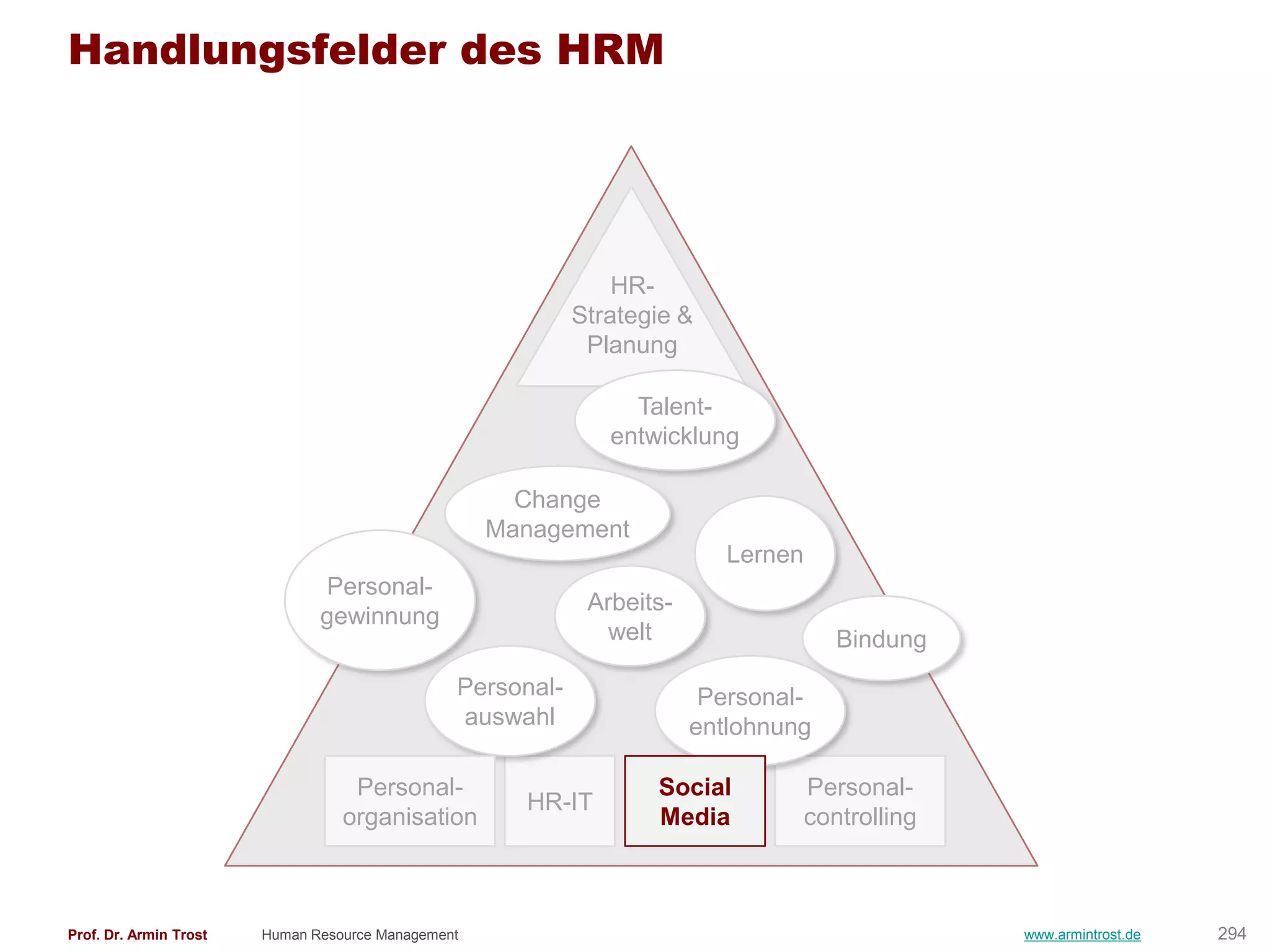 Handlungsfelder des HRM




                                                                HR-
                                                            Strategie &
                                                             Planung

                                                                 Talent-
                                                               entwicklung

                                                      Change
                                                    Management
                                                                           Lernen
                               Personal-
                                                             Arbeits-
                               gewinnung
                                                               welt                    Bindung
                                                Personal-                Personal-
                                                auswahl                 entlohnung

                                   Personal-                       Social           Personal-
                                                      HR-IT
                                  organisation                     Media            controlling



Prof. Dr. Armin Trost   Human Resource Management                                                 www.armintrost.de   294
 