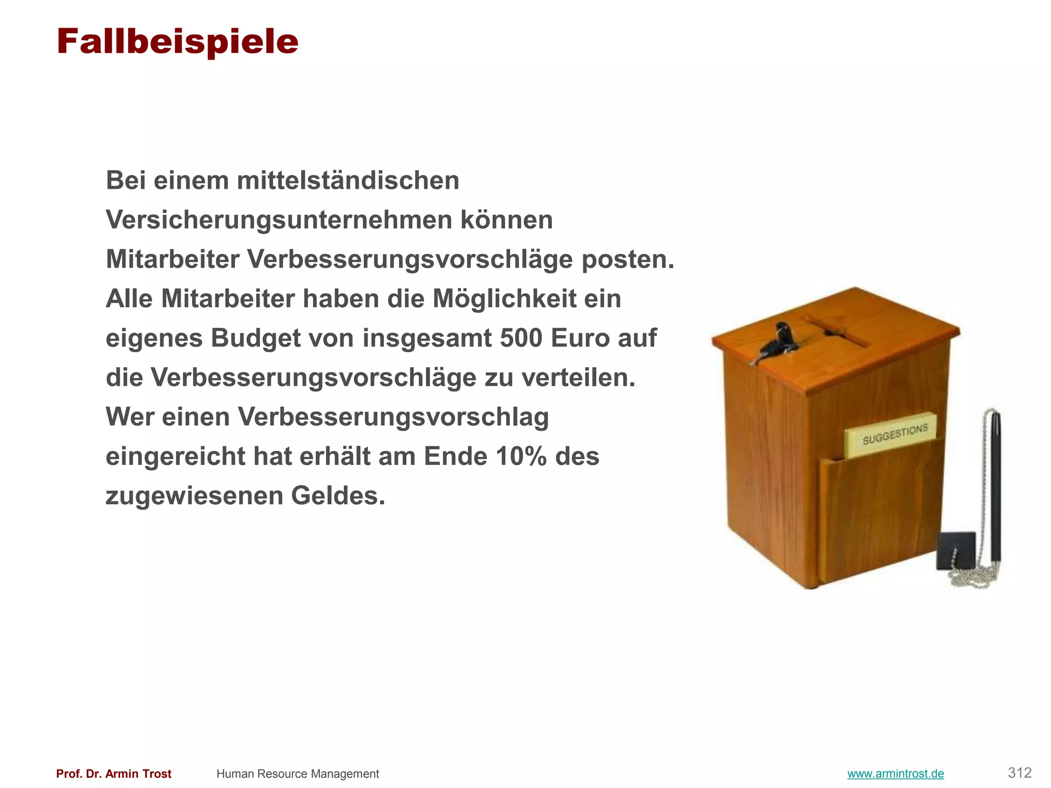 Fallbeispiele


        Bei einem mittelständischen
        Versicherungsunternehmen können
        Mitarbeiter Verbesserungsvorschläge posten.
        Alle Mitarbeiter haben die Möglichkeit ein
        eigenes Budget von insgesamt 500 Euro auf
        die Verbesserungsvorschläge zu verteilen.
        Wer einen Verbesserungsvorschlag
        eingereicht hat erhält am Ende 10% des
        zugewiesenen Geldes.




Prof. Dr. Armin Trost   Human Resource Management     www.armintrost.de   312
 