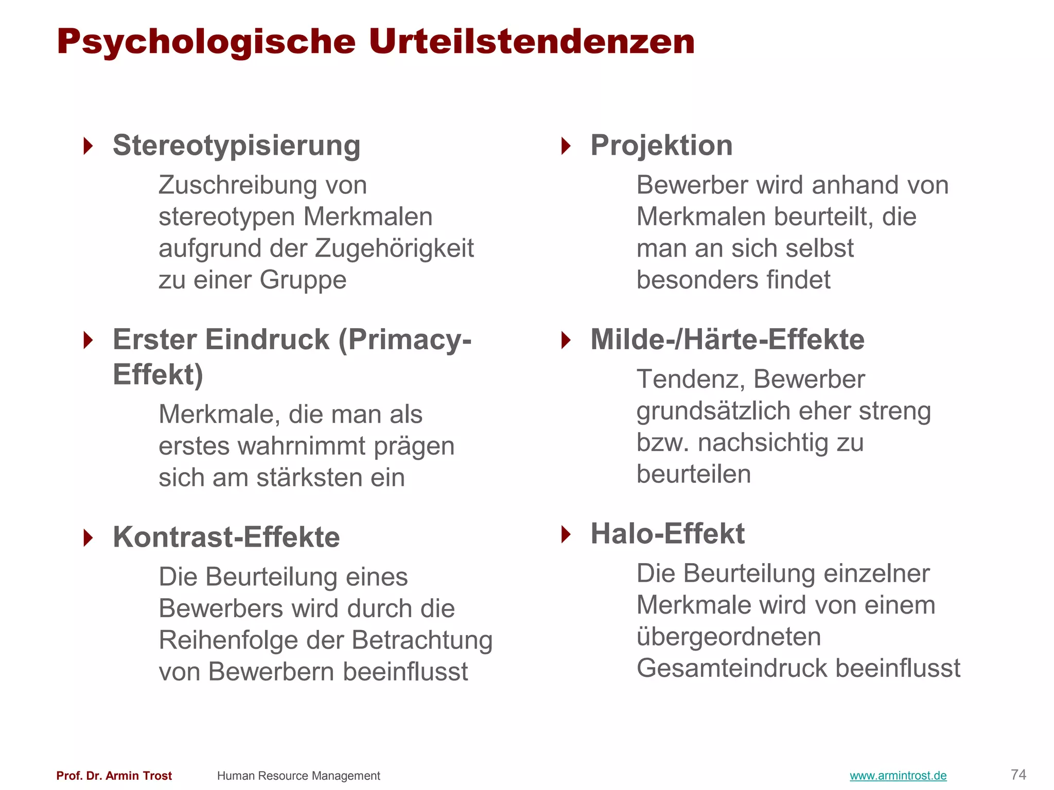 Psychologische Urteilstendenzen

   Stereotypisierung                                Projektion
                  Zuschreibung von                       Bewerber wird anhand von
                  stereotypen Merkmalen                  Merkmalen beurteilt, die
                  aufgrund der Zugehörigkeit             man an sich selbst
                  zu einer Gruppe                        besonders findet

   Erster Eindruck (Primacy-                        Milde-/Härte-Effekte
    Effekt)                                              Tendenz, Bewerber
                  Merkmale, die man als                  grundsätzlich eher streng
                  erstes wahrnimmt prägen                bzw. nachsichtig zu
                  sich am stärksten ein                  beurteilen

   Kontrast-Effekte                                 Halo-Effekt
                  Die Beurteilung eines                  Die Beurteilung einzelner
                  Bewerbers wird durch die               Merkmale wird von einem
                  Reihenfolge der Betrachtung            übergeordneten
                  von Bewerbern beeinflusst              Gesamteindruck beeinflusst


Prof. Dr. Armin Trost   Human Resource Management                          www.armintrost.de   74
 