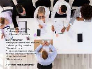 15
1.Preliminary Interview.
 Informal interview
 Unstructured interview
2. Core Interview
Background information interview
Job and probing interview
Stress interview
The group discussion interview
Formal and structured interview
Panel interview and
Depth interview
3. Decision-Making Interview
 