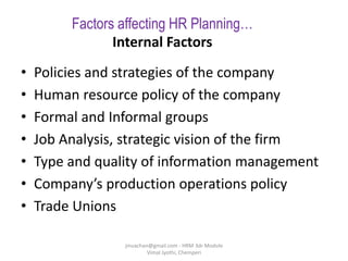 Factors affecting HR Planning…
Internal Factors
• Policies and strategies of the company
• Human resource policy of the company
• Formal and Informal groups
• Job Analysis, strategic vision of the firm
• Type and quality of information management
• Company’s production operations policy
• Trade Unions
jinuachan@gmail.com - HRM 3dr Module
Vimal Jyothi, Chemperi
 