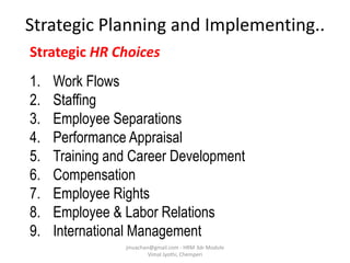 Strategic HR Choices
1. Work Flows
2. Staffing
3. Employee Separations
4. Performance Appraisal
5. Training and Career Development
6. Compensation
7. Employee Rights
8. Employee & Labor Relations
9. International Management
Strategic Planning and Implementing..
jinuachan@gmail.com - HRM 3dr Module
Vimal Jyothi, Chemperi
 