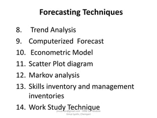 Forecasting Techniques
8. Trend Analysis
9. Computerized Forecast
10. Econometric Model
11. Scatter Plot diagram
12. Markov analysis
13. Skills inventory and management
inventories
14. Work Study Techniquejinuachan@gmail.com - HRM 3dr Module
Vimal Jyothi, Chemperi
 