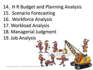 14. H R Budget and Planning Analysis
15. Scenario Forecasting
16. Workforce Analysis
17. Workload Analysis
18. Managerial Judgment
19. Job Analysis
jinuachan@gmail.com - HRM 3dr Module Vimal Jyothi, Chemperi
 