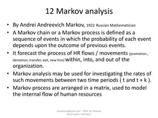 12 Markov analysis
• By Andrei Andreevich Markov, 1922 Russian Mathematician
• A Markov chain or a Markov process is defined as a
sequence of events in which the probability of each event
depends upon the outcome of previous events.
• It forecast the process of HR flows / movements (promotion ,
demotion, transfer, exit, new hire) within, into, and out of the
organization.
• Markov analysis may be used for investigating the rates of
such movements between two time periods ( t and t + k ).
• Markov process are arranged in a matrix, used to model
the internal flow of human resources
jinuachan@gmail.com - HRM 3dr Module
Vimal Jyothi, Chemperi
 