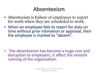 Absenteeism
• Absenteeism is Failure of employees to report
for work when they are scheduled to work.
• When an employee fails to report for duty on
time without prior intimation or approval, then
the employee is marked as “absent”.
• The absenteeism has become a huge cost and
disruption to employers, it affect the smooth
running of the organization.
jinuachan@gmail.com - HRM 3dr Module
Vimal Jyothi, Chemperi
 