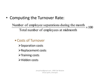 • Computing the Turnover Rate:
100
midmonthatemployeesofnumberTotal
monththeduringsseparationemployeeofNumber

•Costs of Turnover
Separation costs
Replacement costs
Training costs
Hidden costs
jinuachan@gmail.com - HRM 3dr Module
Vimal Jyothi, Chemperi
 