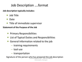 Job Description ….format
Job description typically includes:
Job Title
Date
Title of immediate supervisor
Statement of the Purpose of the Job
Primary Responsibilities
List of Typical Duties and Responsibilities
General Information related to the job
– training requirements
– tool use
– transportation
Signature of the person who has prepared the job descriptionjinuachan@gmail.com - HRM 3dr Module
Vimal Jyothi, Chemperi
 