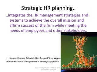 Strategic HR planning..
..Integrates the HR management strategies and
systems to achieve the overall mission and
affirm success of the firm while meeting the
needs of employees and other stakeholders.
• Source: Herman Schwind, Hari Das and Terry Wagar,
Human Resource Management: A Strategic Approach.
jinuachan@gmail.com - HRM 3dr Module
Vimal Jyothi, Chemperi
 