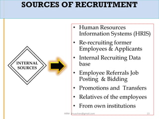 INTERNAL
SOURCES
SOURCES OF RECRUITMENT
• Human Resources
Information Systems (HRIS)
• Re-recruiting former
Employees & Applicants
• Internal Recruiting Data
base
• Employee Referrals Job
Posting & Bidding
• Promotions and Transfers
• Relatives of the employees
• From own institutions
13HRM- jinuachan@gmail.com
 