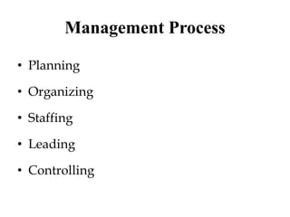 Management Process
• Planning
• Organizing
• Staffing
• Leading
• Controlling
 