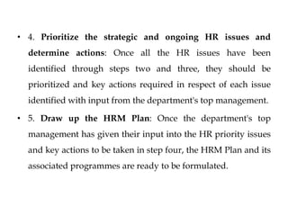 • 4. Prioritize the strategic and ongoing HR issues and
determine actions: Once all the HR issues have been
identified through steps two and three, they should be
prioritized and key actions required in respect of each issue
identified with input from the department's top management.
• 5. Draw up the HRM Plan: Once the department's top
management has given their input into the HR priority issues
and key actions to be taken in step four, the HRM Plan and its
associated programmes are ready to be formulated.
 